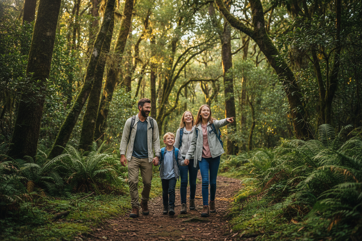 happy family hiking in forest